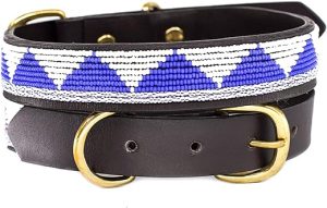 Ubuntu Life Beaded Dog Collar – Handmade Leather Dog Collar with Stylish and Colorful Glass Beads, Brass Hardware, and Genuine Leather (Cobalt Triangle, Small)