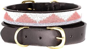 Ubuntu Life Beaded Dog Collar – Handmade Leather Dog Collar with Stylish and Colorful Glass Beads, Brass Hardware, and Genuine Leather (Pink Triangle, Small)