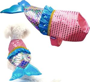 cyeollo Dog Costume Mermaid Costumes for Small Dogs Halloween Outfit Holiday Birthday Party Dog Clothes Outfits Sparkly Pet Costumes Size M