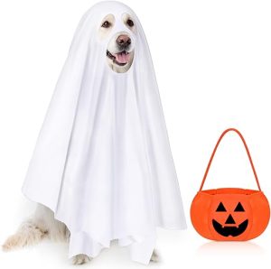 Dog Ghost Costume, Dog Halloween Costume Sets Includes White Dog Costumes and Halloween Bucket, Ghost Costume for Dogs Cats, Ghost Cosplay Clothes for Halloween Cosplay Party(Large)