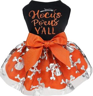 Fitwarm Hocus Pocus Y'all Funny Dog Halloween Tulle Dress, Holiday Dog Clothes for Small Dogs Girl, Funny Pirate Skull Pet Costume, Witch Cat Outfit, Orange, Black, Small