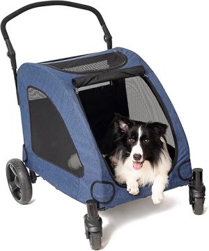 4 Wheel Foldable Pet Stroller for Dog, Breathable with Adjustable Handle Medium or Large Dog and Cat, Light Easy Fold EVA Brake Mesh Windows, Strollers Outdoor Travel Navy Blue