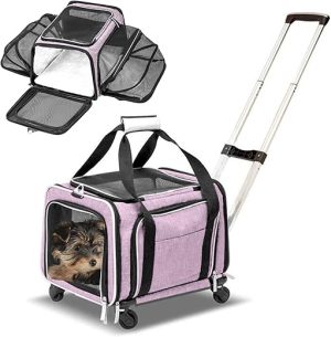 Airline Approved Expandable Premium Pet Carrier on Wheels- Two Sided Rolling Carrier- Designed for Dogs & Cats- Extra Spacious Soft Lined Carrier! - Pink (RL-PET-CARRIER-WHEELS)