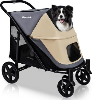 Dog Stroller for Medium/Large Dogs One-Click Folding Totoro ball 4 Wheel Pet Stroller Foldable Dog Stroller for 2 Dogs Jogger Stroller with Storage Pocket Suitable for Pets Up to 110LBS (Beige&Grey)