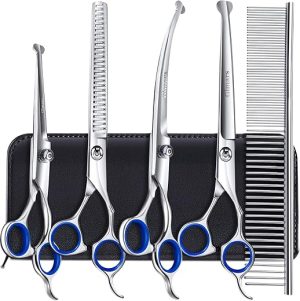 Gimars Titanium Coated Professional 6 in 1 4CR Stainless Steel Dog Grooming Scissors with Safety Round Tip, Heavy Duty Pet Grooming Scissor for Dogs, Cats and Other Animals