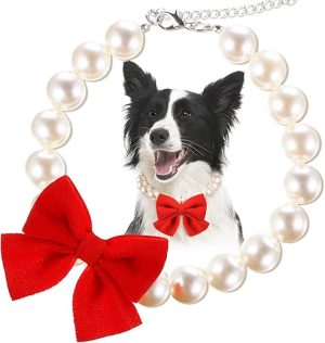 LEIFIDE Chunky Pearl Dog Necklace with Red Bow 20mm Large Bead Pearl Dog Collar Big Pearl Collar Adjustable Necklace Jewellery Accessories for Medium Large Dog Clothing Outfit Xmas Gift(18 Inch Long)