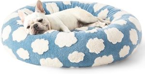 Lesure Donut Small Dog Bed - Round Cat Beds for Indoor Cats Calming Pet Beds, Cute Modern Beds with Jacquard Shaggy Plush & Anti Slip Bottom, 30 Inch, Blue