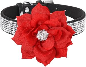 PET ARTIST Bling Rhinestone Dog Collar, Soft Suede Leather Dog Collar Girl Dog Collars for Small Dogs Cats, Sparkling Cute Red Dog Collar with Flower,XS