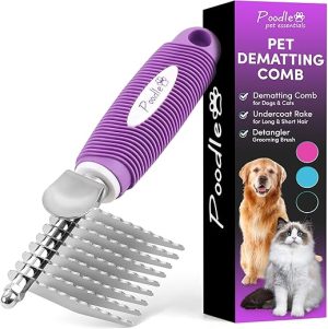 Poodle Dematting Fur Rake Comb Brush for Dogs and Cats - Long 2.5" Steel Safety Blades Metal Comb for Detangling Matted or Knotted Undercoat Hair