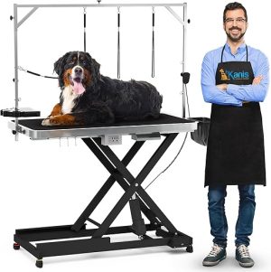 Professional Electric Dog Grooming Table - Heavy Duty, Height Adjustable Pet Grooming Table w/Leveling Wheels, Dog Grooming Arm, Anti Slip Tabletop & Tool Organizer/Dog Grooming Station (49", BLACK)