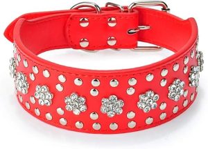 Serijoars Rhinestones Dog Collars Flower Pattern Rhinestone Studded Leather Sparkly Crystal Diamonds Dazzling Elegant Fancy PU Leather Dog Collar for Medium & Large Dogs (M, Red)