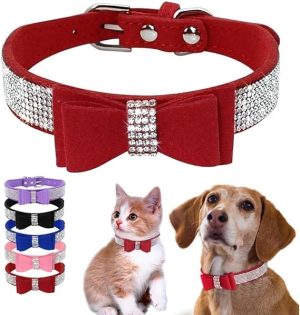 Small Dog Collars for Female Dogs, Cute Bling Rhinestone Crystal with Bow Tie Glitter Diamond Bowtie Puppy Collars for XS Small Medium Pet Girls Dogs Cats (Red, S)